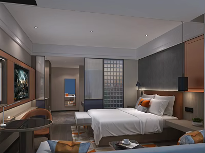 Modern Comfortable Hotel Room Interior With King Bed Flat Screen TV Sofa And Coffee Table 3d model
