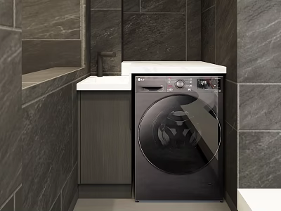 Modern Bathroom Cabinet With White Countertop And Black Washing Machine Against Gray Tiled Walls 3d model