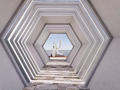 Hexagonal Pergola with Layered Frames and Lighting Overlooking Seaside View Through Stone Pathway 3d model