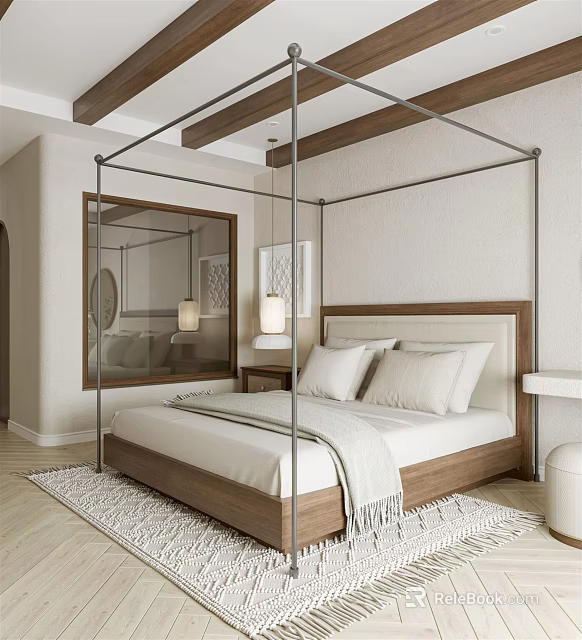 Cozy Modern Bedroom With Four Poster Wooden Bed White Pillows Blanket And Light Colored Rug 3d model 