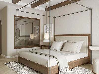 Cozy Modern Bedroom With Four Poster Wooden Bed White Pillows Blanket And Light Colored Rug 3d model