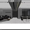Elegant Modern Living And Dining Room Interior With Marble Walls Black Leather Sofa And Fireplace