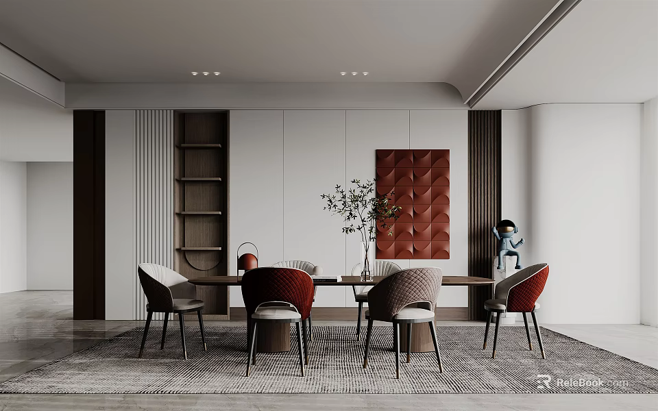 Modern Restaurant Interior Design With Dining Table Stylish Chairs Decorative Wall And Vase 3d model 