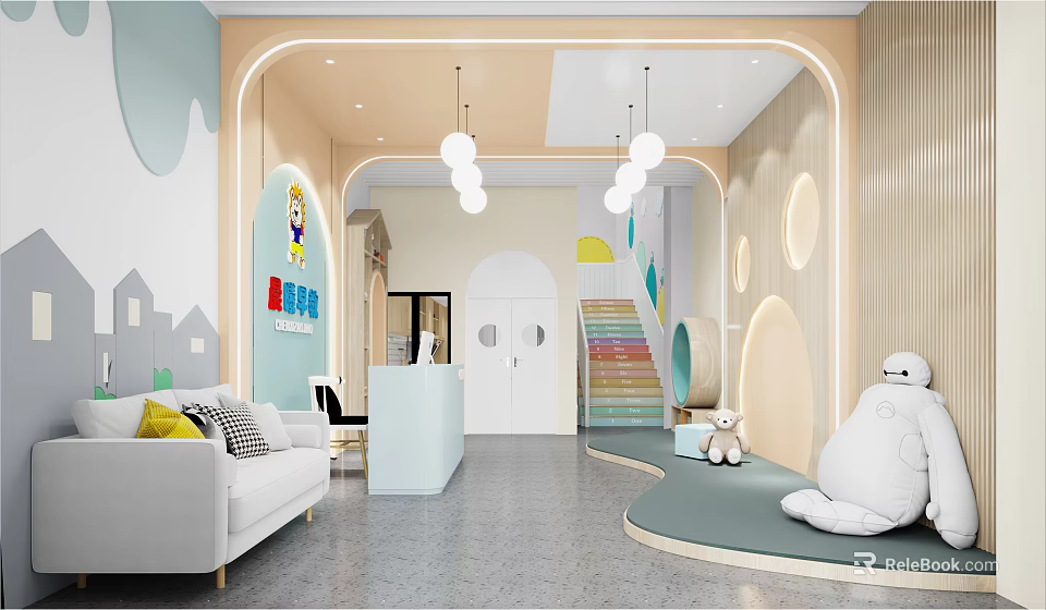 Welcoming Kindergarten Interior With Sofa Reception Desk Colorful Stairs And Cartoon Decor 3d model 