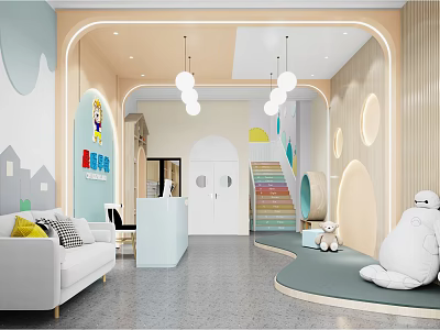 Welcoming Kindergarten Interior With Sofa Reception Desk Colorful Stairs And Cartoon Decor 3d model