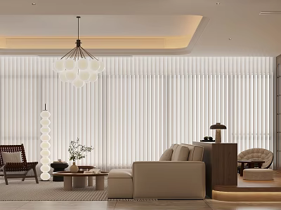 Modern Living Dining Room Interior With Beige Sofa Coffee Table Chandelier And Window Blinds 3d model