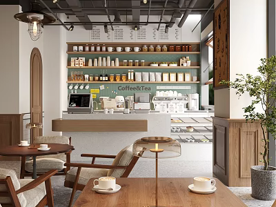 Cozy Café Interior with Coffee Bar Wooden Tables and Green Plants 3d model