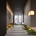 Japanese Style Hotel Corridor With Sliding Shoji Screens Stone Pathway Cherry Blossom Tree And Moss