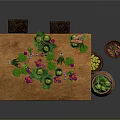Wooden Table Decorated With Green Vegetables And Flowers Alongside Wooden Barrel And Small Plate