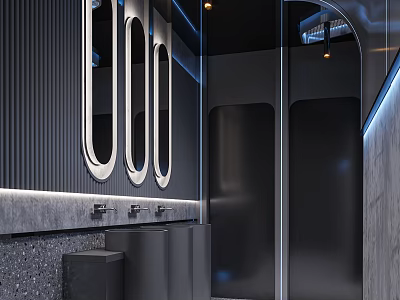 Modern Public Restroom Interior With Mirrors Wash Basins And Stalls 3d model
