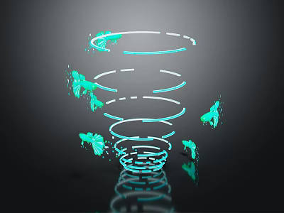 Cartoon Scene With Green Butterflies Around Blue Spiral On Dark Background With Reflection 3d model