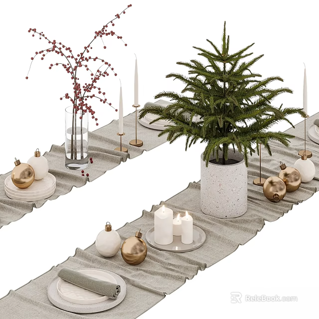 Christmas Dinnerware Set with Table Runner Candles and Decorative Ornaments 3d model 