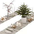 Christmas Dinnerware Set with Table Runner Candles and Decorative Ornaments 3d model