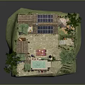 Cartoon Villa Scene with Solar Panels Garden Pool Trees and Outdoor Lounge Chairs