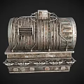 Vintage Industrial Metal Cylindrical Equipment With Rusted Pipes And Brackets
