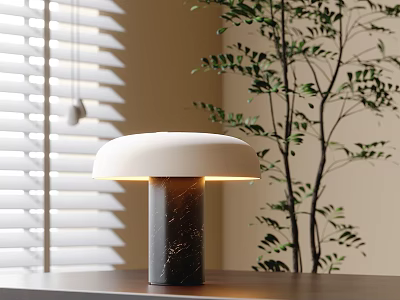 Table Lamp With White Shade Black Marble Base Window Blind Shadows And Green Plant 3d model