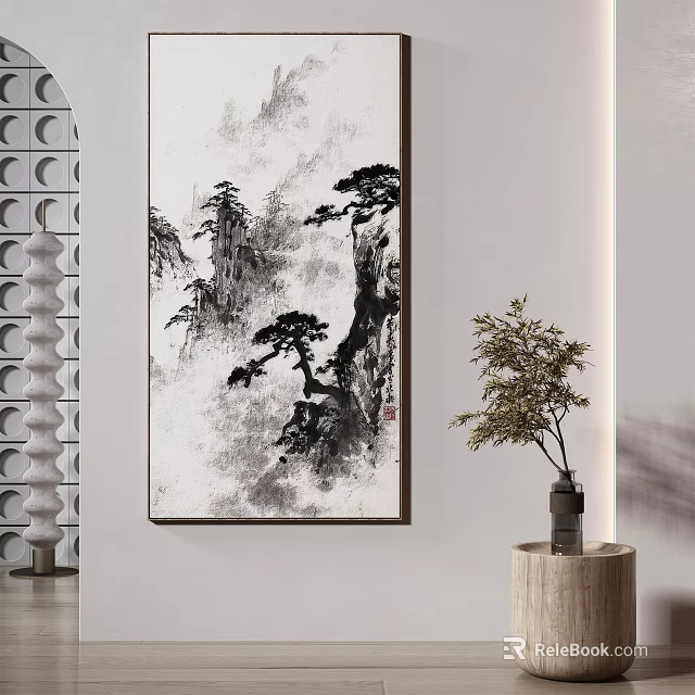 Chinese Ink Landscape Wall Art In Modern Interior With Vase On Wooden Stand 3d model 