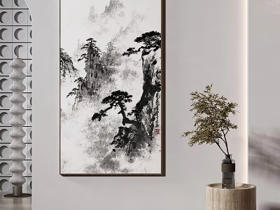 Chinese Ink Landscape Wall Art In Modern Interior With Vase On Wooden Stand 3d model