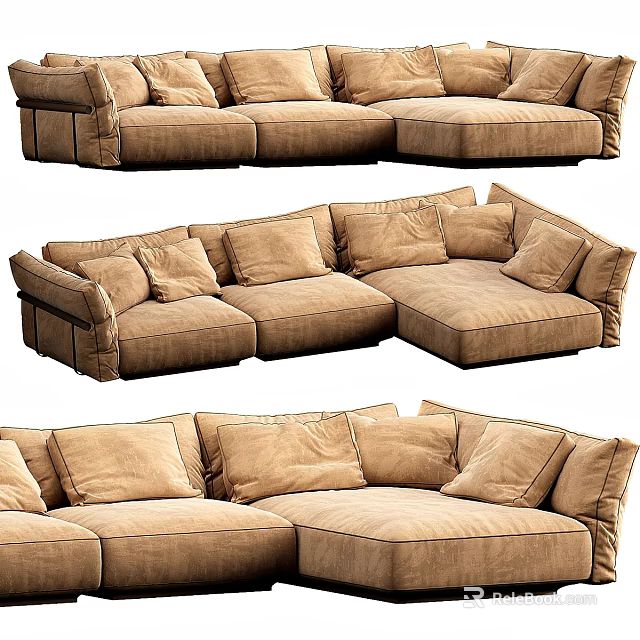 Sectional Multi Seater Sofa In Beige Fabric With Plush Cushions And Modern Design 3d model 