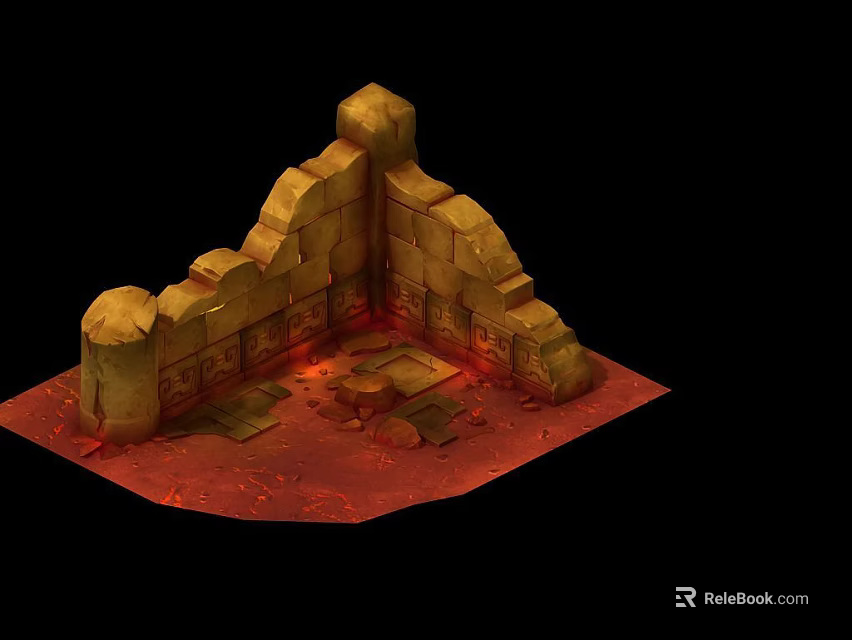 Ancient Stone Structure With Wall Carvings Red Ground Central Stone Platform And Glowing Elements 3d model