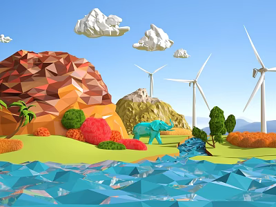 Cartoon Landscape With Polygonal Mountain Wind Turbines Blue Elephant White Clouds And Colorful Vegetation 3d model