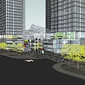 Modern Commercial Street With High Rise Buildings Pedestrians Green Trees And Skywalk