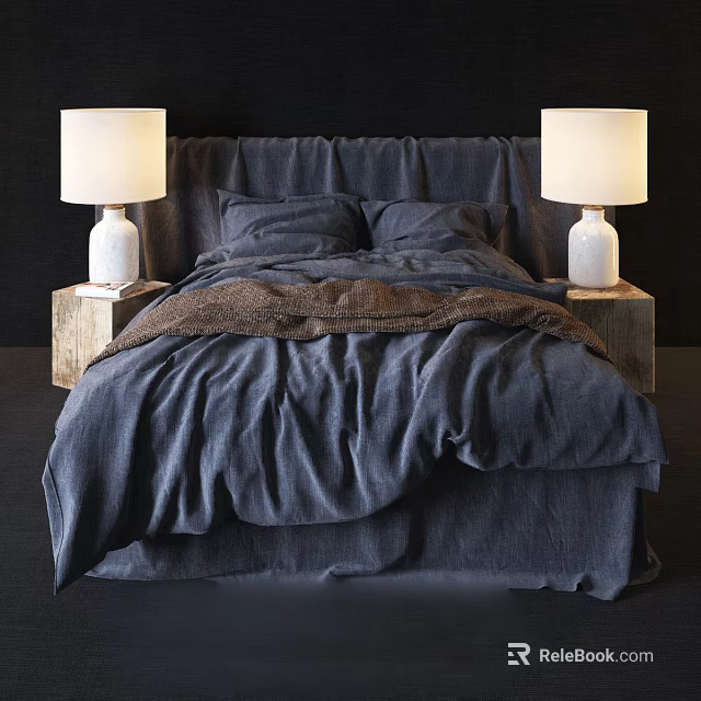 Double Bed with Dark Blue Linen Sheets Brown Blanket and Wooden Nightstands White Lamps 3d model 