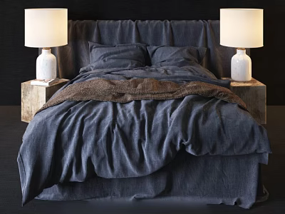Double Bed with Dark Blue Linen Sheets Brown Blanket and Wooden Nightstands White Lamps 3d model