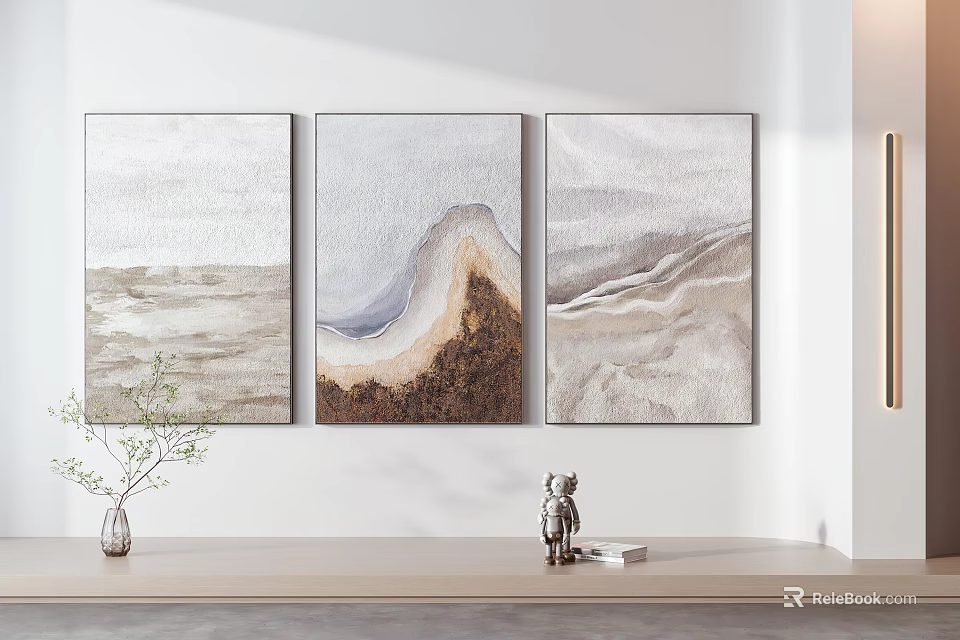Three Piece Abstract Landscape Paintings On Wall In Modern Interior With Vase And Statues 3d model 