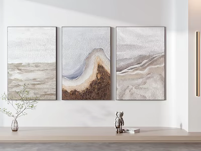 Three Piece Abstract Landscape Paintings On Wall In Modern Interior With Vase And Statues 3d model