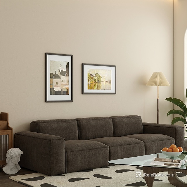 Living Room Interior Featuring Brown Sofa Glass Coffee Table Wall Art Floor Lamp And Plant 3d model 