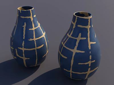 Two Elegant Blue Teardrop Shaped Vases With Gold Cross Line Patterns 3d model