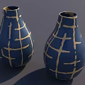 Two Elegant Blue Teardrop Shaped Vases With Gold Cross Line Patterns