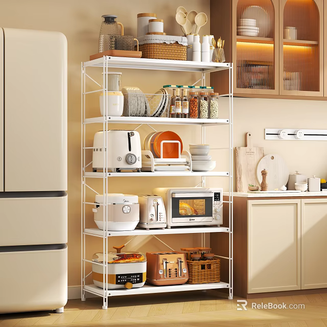 Organized Kitchenware on Multi Tiered White Metal Shelf with Spices Dishes and Appliances 3d model 
