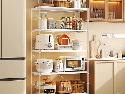 Organized Kitchenware on Multi Tiered White Metal Shelf with Spices Dishes and Appliances 3d model