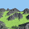 3D Terrain Model with Green Grass and Black Mountains Against Blue Sky