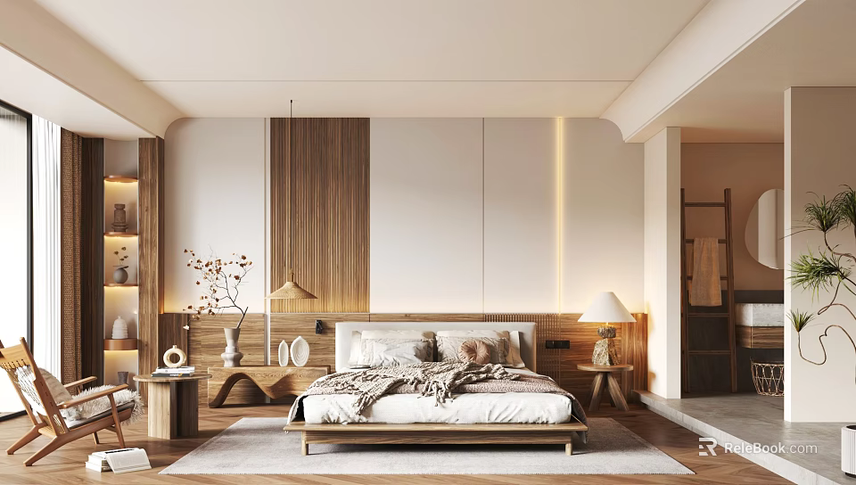 Modern Bedroom Interior With Wooden Wall Design Bed Table Lamps And Decorative Items 3d model 