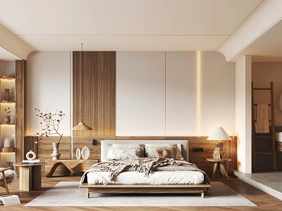 Modern Bedroom Interior With Wooden Wall Design Bed Table Lamps And Decorative Items 3d model