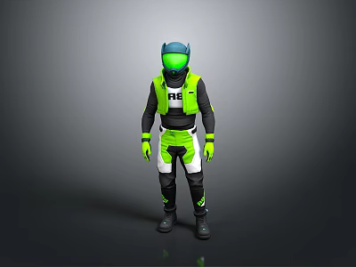 Motorcycle Riding Gear With Black Green Outfit Blue Helmet Green Gloves And RE Logo 3d model