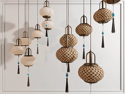 Multiple Hanging Woven Lanterns With Blue Tassels And Traditional Design 3d model