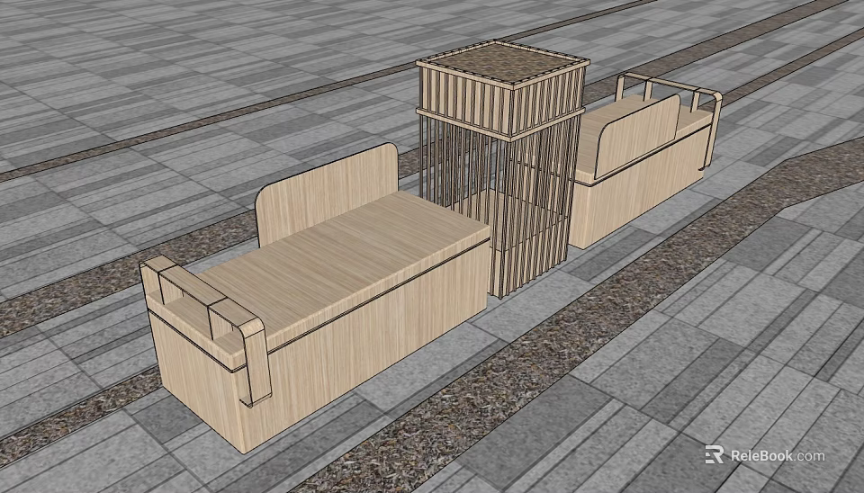 Wooden Garden Flower Planters With Rectangular And Grid Design On Paved Ground 3d model