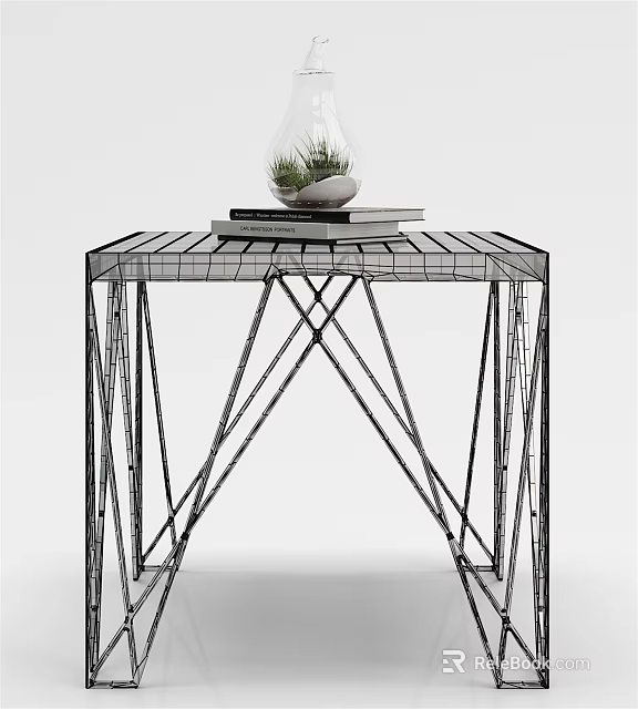 Modern Geometric Side Table With Metal Frame And Tabletop Holding Books And Small Plant 3d model 