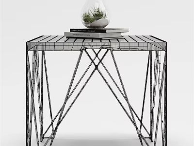 Modern Geometric Side Table With Metal Frame And Tabletop Holding Books And Small Plant 3d model