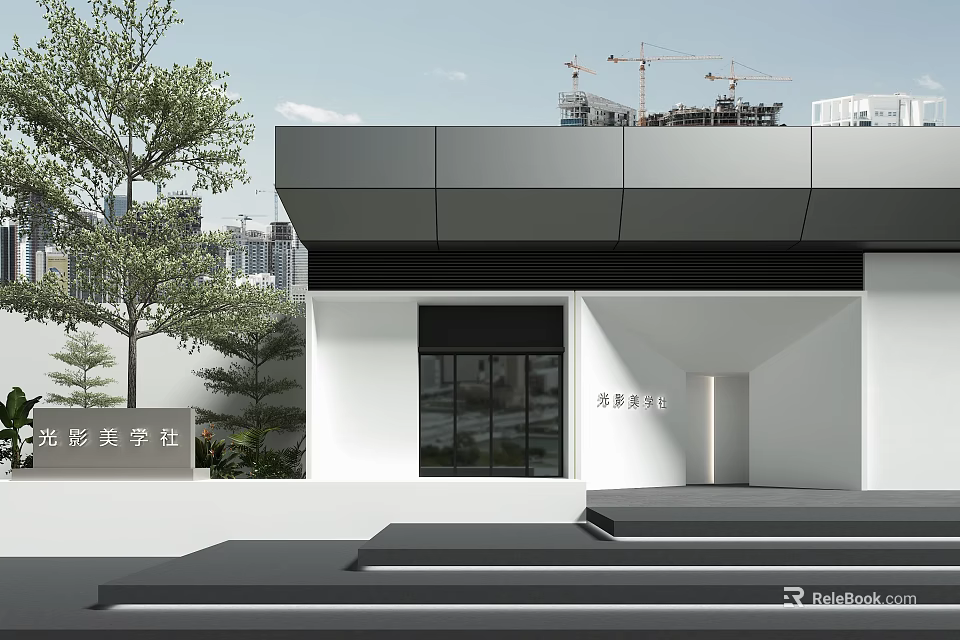 Modern White And Gray Storefront With Glass Door Steps Greenery And Urban Cranes 3d model 