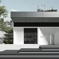 Modern White And Gray Storefront With Glass Door Steps Greenery And Urban Cranes