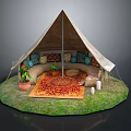 Cozy Outdoor Tent Setup With Soft Sofa Colorful Pillows Warm Rug Potted Plant And Candles