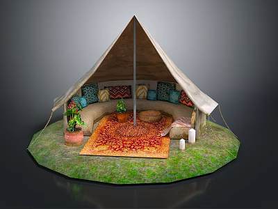 Cozy Outdoor Tent Setup With Soft Sofa Colorful Pillows Warm Rug Potted Plant And Candles 3d model