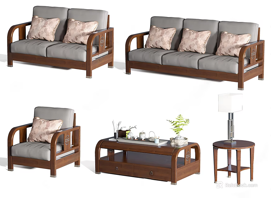 Modern Sofa And Coffee Table Set With Wooden Frame Grey Cushions Pillows And Green Plant 3d model 