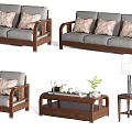 Modern Sofa And Coffee Table Set With Wooden Frame Grey Cushions Pillows And Green Plant