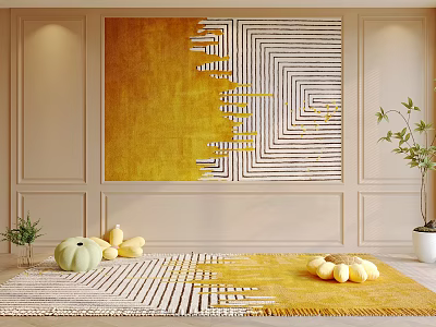 Geometric Wall Art With Yellow Background Black White Pattern Pumpkins On Rug And Plant 3d model